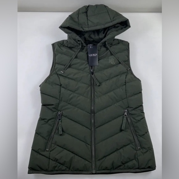 NWT $150 RALPH LAUREN Size L Women's Olive RLL Logo Stretch PUFFER Hooded Vest - Picture 2 of 4